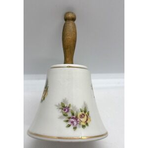 Vintage Enesco Japan Porcelain Hand Bell with Wooden Handle Floral Design 4''‎